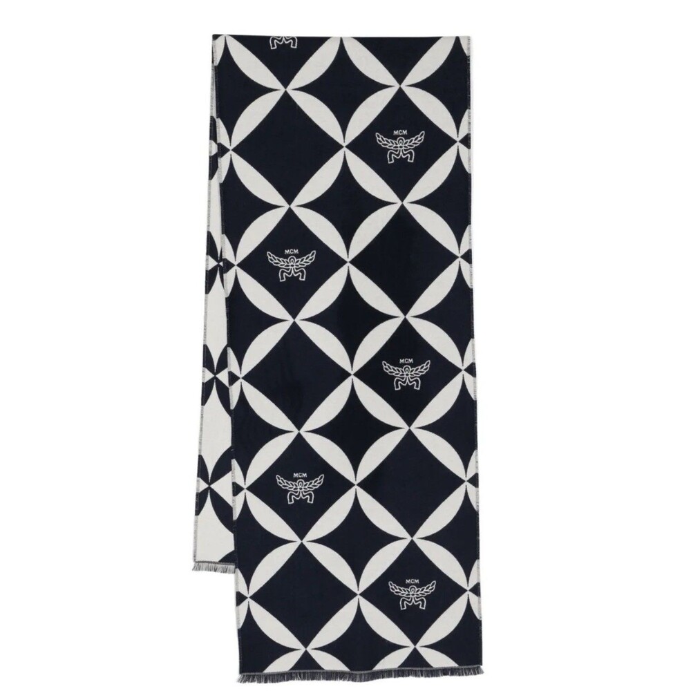 HOT! 100% AUTHENTIC NEW MCM JACQUARD SCARF Merino WOOL Scarf Navy NWT